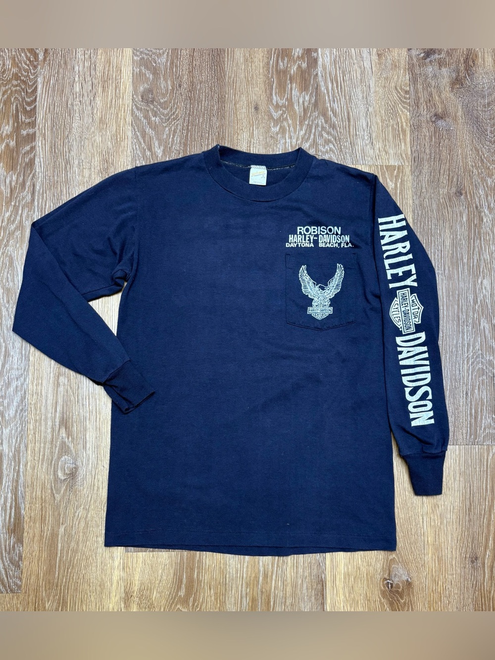 Vintage 80”women’s Harley-Davidson Navy Long Sleeve Pocket Tee with Sleeve Logo